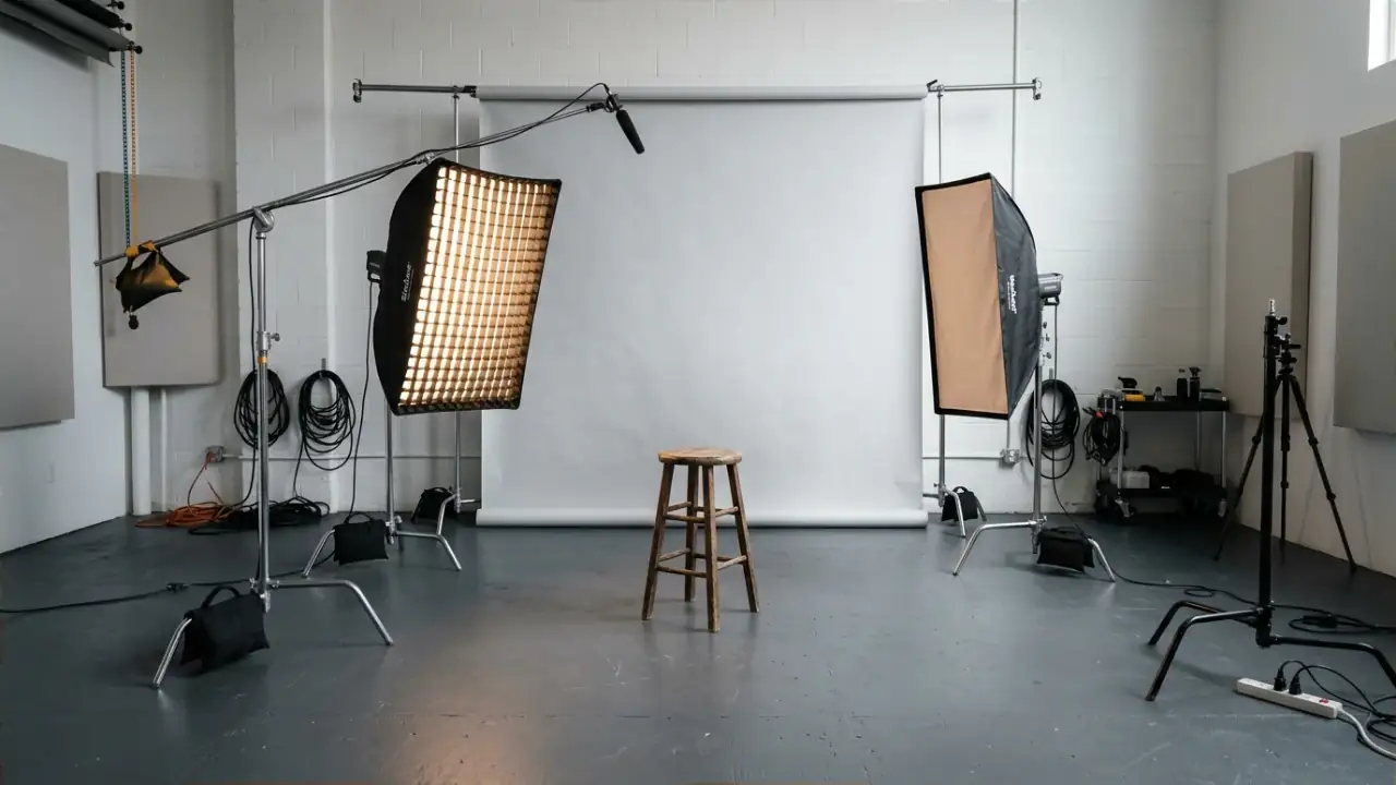 Фотостудия с софитами и светлым фоном (иллюстрация)
