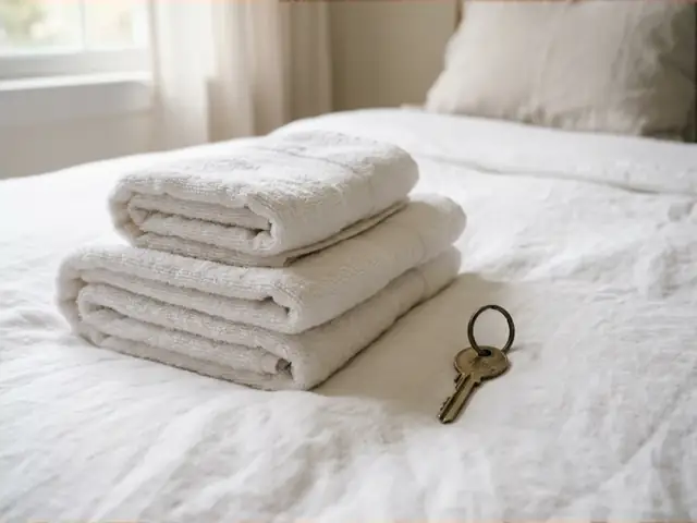 Полотенца и ключ на постельном белье (иллюстрация)