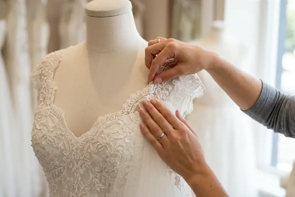 Руки консультанта поправляют платье (иллюстрация)